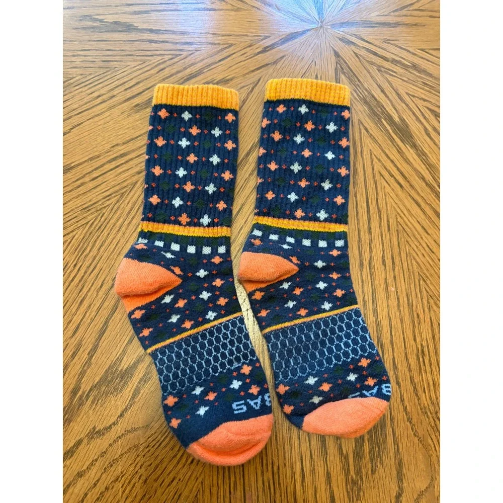 Bombas Calf Socks Kids Small Navy Blue Orange Fair Isle Geometric Honeycomb